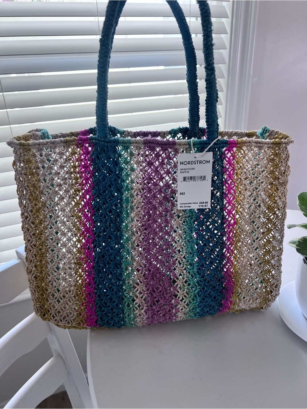 Nordstrom Multicolor Straw Tote with Teal, Purple, Pink Stripes